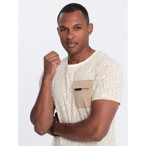 Herren Baumwoll-T-Shirt mit Buchstaben und Tasche creme und braun XXL