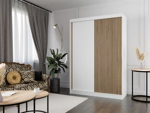 MEBLITO Kleiderschrank Schlafzimmer Keula Schwebetürenschrank 150x215x61cm Garderobe (weiß) + Lamellen (wotan)