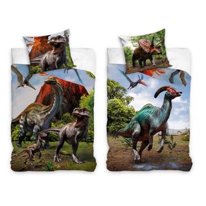 Dinosaurier Kinder Wende-Bettwäsche Set 135x200 80x80 cm aus 100% Baumwolle mit T-Rex, Triceratops, Flugsaurier und weiteren Dinos