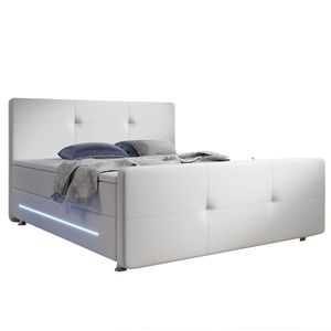 Juskys Boxspringbett Oakland 180 x 200 cm – LED Beleuchtung, Bonell-Matratzen, Topper & Kunstleder – 58 cm Komforthöhe – weiß – Bett Doppelbett