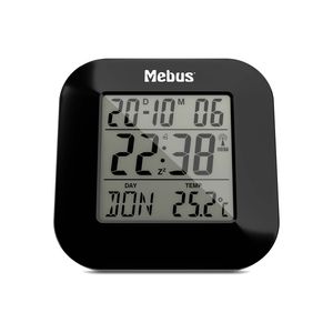 Mebus digitaler Funk-Wecker mit Thermometer, Datumsanzeige und Beleuchtung, Snooze-Funtion, Material: Kunststoff, Farbe: Schwarz, Modell: 51510