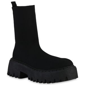 VAN HILL Damen Stiefeletten Plateau Boots Blockabsatz Stiefel Strick Schuhe 839539, Farbe: Schwarz, Größe: 40