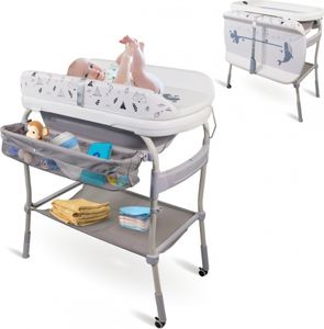 Mobiclinic Kids, 2 in 1 Wickeltisch mit Badewanne, Trendy, 4-fach höhenverstellbar, Thermometer, Räder mit Bremse, Ablagekorb, Bis 50 kg, 0-36 Monate