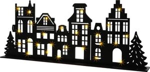 LED Holz Häuserzeile schwarz - 57 x 22 cm - Deko Weihnachtsdorf Skyline Aufsteller - Weihnachts Holzhaus Tischdeko Weihnachtsstadt