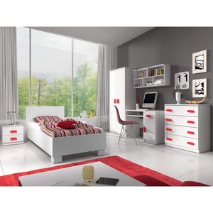 Kinderzimmer-Set Schrank Bett Wandregal Kommode Schreibtisch Nachttisch rote Griffe Jonas I 01 (Weiß/Weiß)