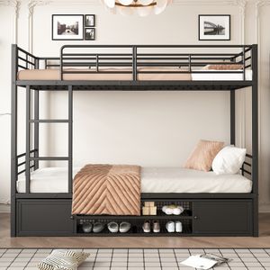 Merax Etagenbett 90x200cm mit schuhschrank, Hochbett mit Stauschränken, Stockbett mit Rausfallschutz und Leiter, Eisenbett Jugendbett Kinderbett