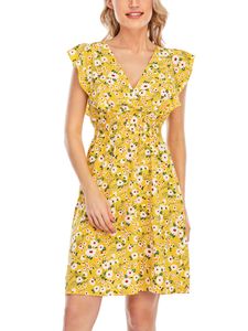Damen Sommerkleider Boho Kleid V-Ausschnitt Kleider Strandkleid Rüschen Blumenkleid Gelbe Gänseblümchen,Größe S