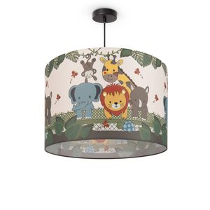 Kinderlampe Deckenlampe LED Pendelleuchte Kinderzimmer, Dschungel-Tiere, E27, Lampenschirm: Grün (Ø45.5 cm), Lampentyp: Pendelleuchte Schwarz