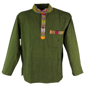 Nepal Ethno Fischerhemd, Goa Hemd - Olive, Herren, Grün, Baumwolle, Größe: M