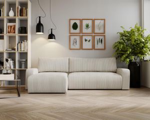 Kaiser Möbel Ecksofa mit schlaffunktion und bettkasten, Couch L form, Schlaffunktion ARAGON Dicker Cord Beige Ottomane Links