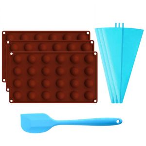 7PCS Schokoladenherstellung Zubehör Set,3Pcs 24-Cavity Mini Halbkugel Silikonform / Heiße Schokoladenbombe & Kakaobombe Kugelform,3PCS Silikon Spritzbeutel,1PCS Silikon Schaber