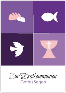 Klassische moderne Kommunions Glückwunschkarte mit christlichen Symbolen: Zur Erstkommunion Gottes Segen