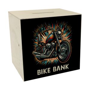 Chopper-Motorrad Spardose aus Holz mit Spruch Bike Bank