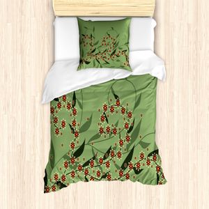 ABAKUHAUS Blumen Mantele, Retro-blühende Blumen, Milbensicher Allergiker geeignet mit Kissenbezügen, 135 cm x 200 cm - 80 x 80 cm, Olive, Grün, Rot