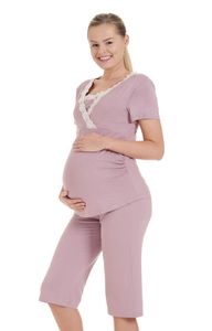Umstandspyjama - Stillpyjama - Schlafanzug für Schwangere - Pyjama Set mit Spitze - Stillfunktion (M, Rosa) 2500