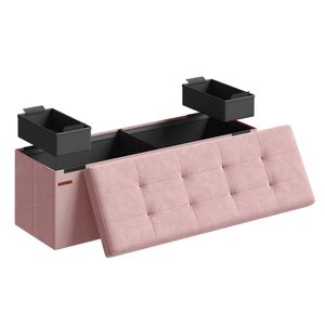 SONGMICS Sitzbank mit Stauraum, klappbare Sitztruhe, 2 extra Aufbewahrungsboxen, 38 x 110 x 38 cm, bis 300 kg belastbar, pastellrosa