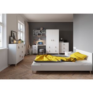 Kinderzimmer-Set Bett Nachttisch Wandregal Schreibtisch Kleiderschrank Kommode Figo II (Weiß/Weiß)