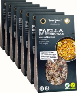 Trevijano Paella 6 Gemüse: 7 Beutel à 280g. Enthält 2 Portionen Gemüsepaella, die aus Reis, roter Paprika, grüner Paprika, Zucchini, Knoblauch...
