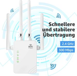 7MAGIC WLAN Repeater Verstärker 300Mbit/s 2,4 GHz bis zu 250 m², WiFi Extender Booster mit WPS, Ethernet Port, Repeater/AP/Router Modus, Weiß