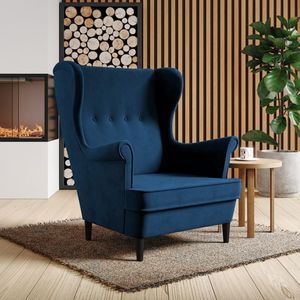 Ohrensessel Falco II Sessel mit Knöpfe stilvoll Polstersessel für Wohnzimmer, Stoff: kronos 09 - marineblau, Beinefarbe: Wenge