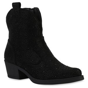 VAN HILL Damen Cowboy Boots Stiefeletten Spitze Strass Western Schuhe 840903, Farbe: Schwarz, Größe: 39