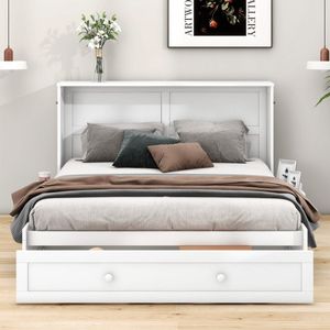 Mobiles Schrankbett 140x200 cm Schubladen am Bettende kleinem Regal(Ohne Matratze)an der Seite des Bettes Verwandelbare Plattformbetten Weiß