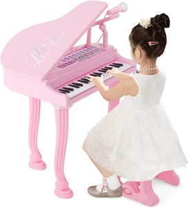 COSTWAY Kinder Keyboard mit 37 Tasten & Hocker, elektronische Klaviertastatur tragbar mit Mikrofon, LED-Lehrmodus, Aufnahme- & Wiedergabefunktion, Musikinstrument für Kinder ab 3 Jahre (Rosa)