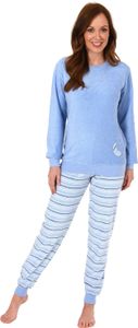 Damen Frottee Pyjama mit Bündchen - Hose gestreift, Top mit Mond und Stern Applikation ; hellblau , 48 Damen Frottee Pyjama mit Bündchen - Hose gestreift, Top mit Mond und Stern Applikation ; hellblau , 48
