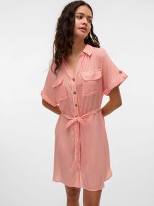 VERO MODA Gestreiftes Kurzarm-Hemd-Kleid mit Taillenbindung Größe: L