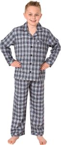 Jungen langarm Flanell Schlafanzug Pyjama in Karo Optik zum durchknöpfen ; grau , 152