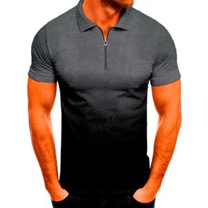 Männer Gradient Zipper Kurzarm Poloshirt Casual Tops Bluse Pullover T-Shirts,Farbe: Schwarz,Größe:L