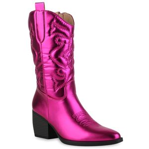 VAN HILL Damen Cowboystiefel Stiefel Metallic Schuhe 839925, Farbe: Fuchsia Metallic, Größe: 40
