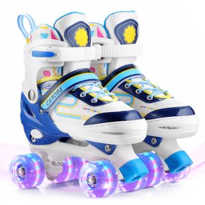 Caroma Verstellbar Rollschuhe für Kinder, mit Leuchtenden Rädern Roller Skates Bequem und atmungsaktiv Quad Skates für Mädchen, Jungen, Anfänger, Blau, Einstellbarer Größe 27-30
