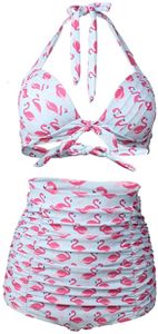 Damen Retro 50er Jahre Neckholder High Waist Ruched Bikini Badeanzug(M,flamingo)
