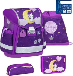 Belmil 403-13/AG/S Schulranzen Set 4 - teilig ergonomischer Schulranzen Mädchen 1. klasse 2. klasse 3. klasse - Super Leicht 930-990 g/ Grundschule/ Katze; Mondlila (403-13 Caty on the Moon)