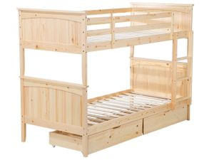 BELIANI Hochbett Hellbraun Kiefernholz 90 x 200 cm für 2 Personen Modern Etagenbett mit Leiter 2 Schubladen und Lattenrost Schlafzimmer Ausstattung