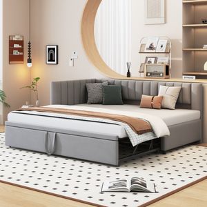 Flieks łóżko tapicerowane rozkładana sofa 90x200cm z wysuwanym łóżkiem, łóżko drewniane łóżko młodzieżowe łóżko dziecięce rozkładana sofa ze stelażem listwowym, łóżko dzienne funkcjonalne łóżko aksamitne, szare