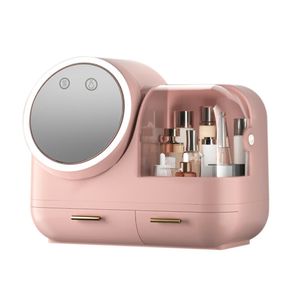 Make-up-Organizer Kosmetikbox mit LED-Licht USB-Aufladung HD-Spiegel,Lippenstift Halter Schmuck Aufbewahrungsbox Rosa
