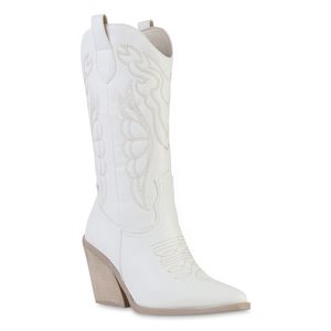 VAN HILL Damen Cowboystiefel Stiefel Spitze Stickereien Western Schuhe 840906, Farbe: Weiß, Größe: 39