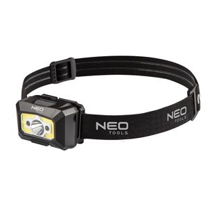 NEO TOOLS Akku USB-Stirnlampe 250 lm + Bewegungssensor, 5 Lichtfunktionen, USB aufladbare, beweglicher Kopf, inkl. Hutclip