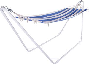 DETEX® Hängematte mit Gestell Outdoor Camping transportabel Stabhängematte Reisehängematte Baumwolle Gemisch für Garten Balkon bis 150kg Creme Blau DETEX® Hängematte mit Gestell Outdoor Camping transportabel Stabhängematte Reisehängematte Baumwolle Gemisch für Garten Balkon bis 150kg Creme Blau