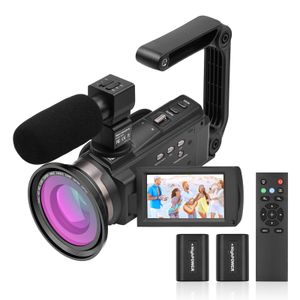 Andoer 4K/60FPS 48MP WiFi-Digitalvideokamera-Set 1 Camcorder-Recorder + 1 Mikrofon + 1 Fernbedienung + 2 Batterien + 1 Kameraobjektiv + 1 Handgriff mit 16-fachem Zoom 3-Zoll-Touchscreen-IR-Infrarot-Nachtsichtgeraet Kaltschuhhalterung