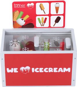 Drewniana skrzynia na lody małego kupca Tannera z lodami o różnych smakach