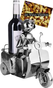 BRUBAKER Weinflaschenhalter Rollerfahrer Silber - Metall Skulptur Flaschenständer - 27 cm Metallfigur Weingeschenk für Roller Fans - mit Grußkarte