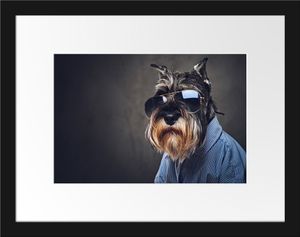 Lustiger Hund mit Hemd und SonnenbrilleBilderrahmen mit Galerie-Passepartout / Format: 38x30cm / gerahmt / hochwertige Leinwandbild Alternative