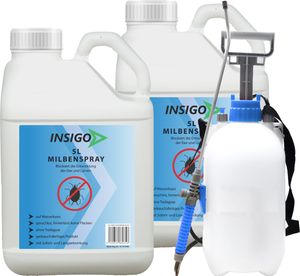INSIGO 2x5L + 5L Sprüher Anti-Milbenspray, Mittel gegen Milben Milbenbefall Milbenfrei Schutz gegen Eier auf Wasserbasis, fleckenfrei, geruchlos, mit Schnell- & Langzeitwirkung frei EX