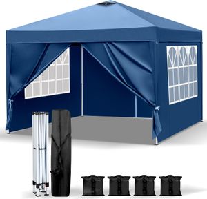 FCH 3x3M Pavillon Wasserdicht Pop up Faltpavillon Pavillon mit 4 Seitenteilen Faltbar Zelt Gartenpavillon, 4 Sandsack，Blau