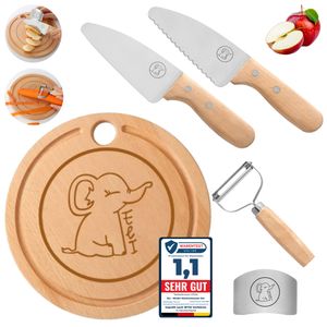 Eli® Edelstahl Kindermesser Set,hochwertiges 5-teiliges Kinder Küchenmesser Set,Messer mit Fingerschutz, Schneidebrett, Schäler, Kochmesser Set,Messer