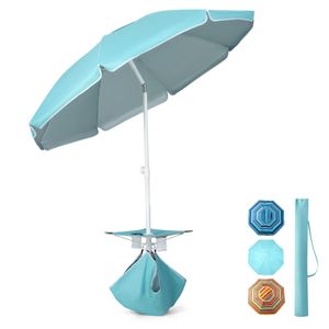 COSTWAY Sonnenschirm mit Tisch, Getränkehalter & Sandsack, Ø 176 cm Strandschirm, UPF 50+, 30° knickbar, Sonnenschutz mit Tragetasche & Erdspieß für Strand & Garten, blau