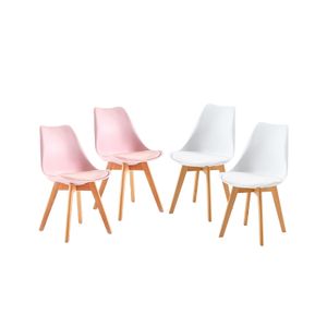 IPOTIUS 6er Set Esszimmerstühle mit Massivholz Buche Bein, Skandinavisch Design Gepolsterter Küchenstühle Stuhl Holz, 2 Weiß + 2 Rosa